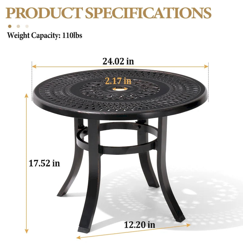 Table d'appoint de patio en aluminium moulé, ronde, d'extérieur avec trou pour parasol - 23,62 po de diamètre x 17,72 po de hauteur