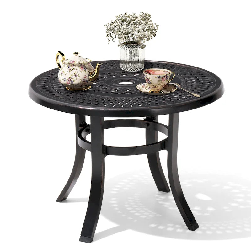 Table d'appoint de patio en aluminium moulé, ronde, d'extérieur avec trou pour parasol - 23,62 po de diamètre x 17,72 po de hauteur