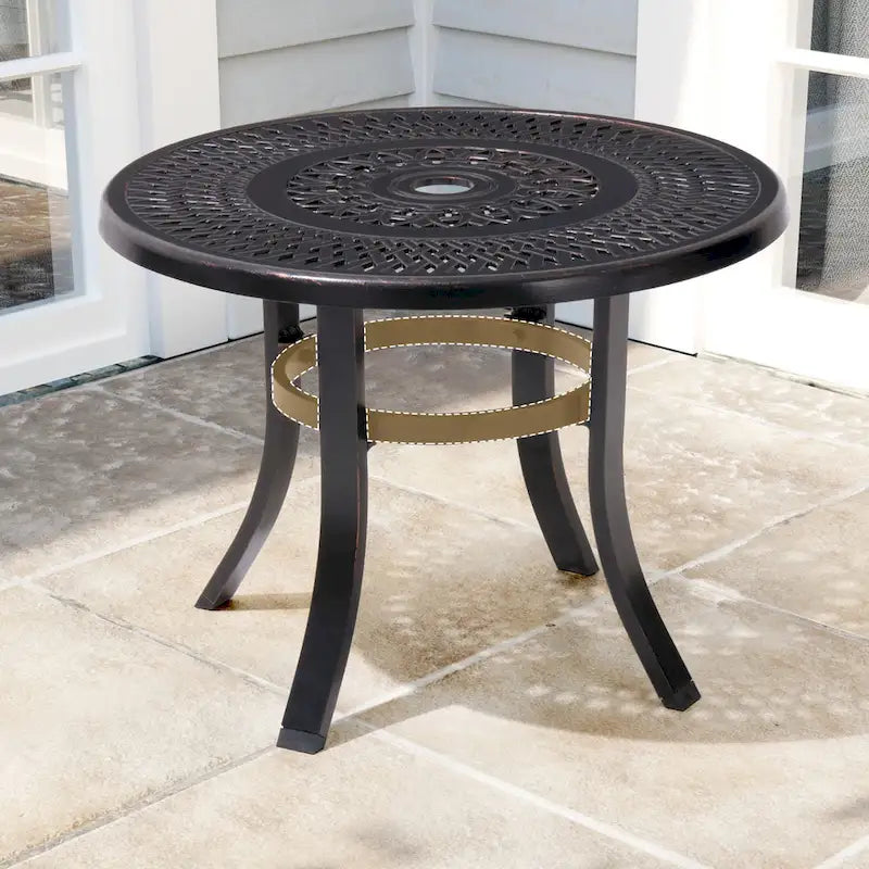 Table d'appoint de patio en aluminium moulé, ronde, d'extérieur avec trou pour parasol - 23,62 po de diamètre x 17,72 po de hauteur