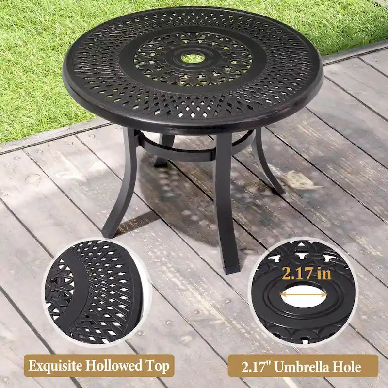 Table d'appoint de patio en aluminium moulé, ronde, d'extérieur avec trou pour parasol - 23,62 po de diamètre x 17,72 po de hauteur