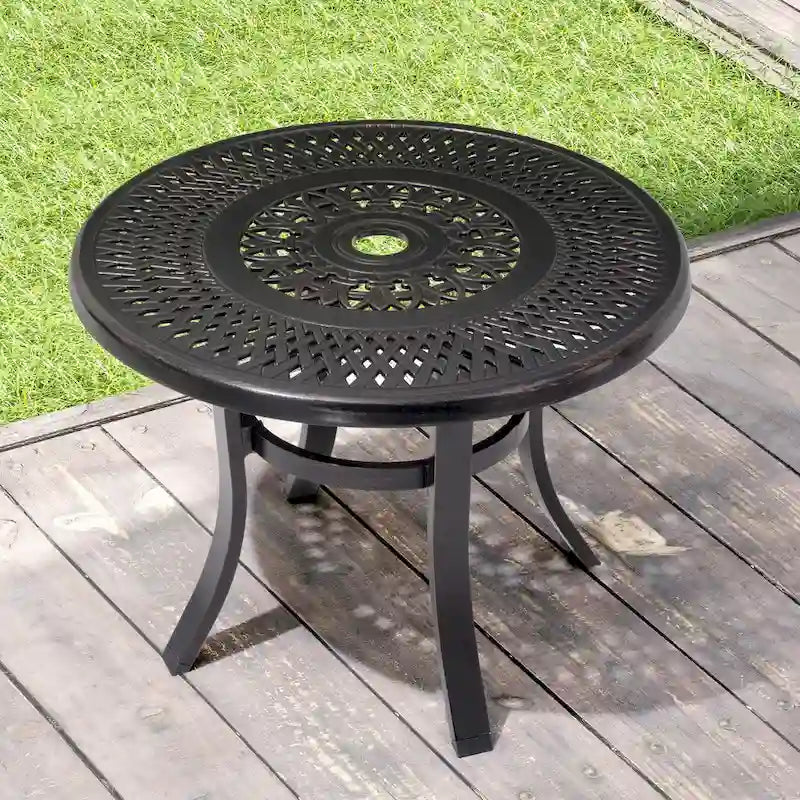 Table d'appoint de patio en aluminium moulé, ronde, d'extérieur avec trou pour parasol - 23,62 po de diamètre x 17,72 po de hauteur