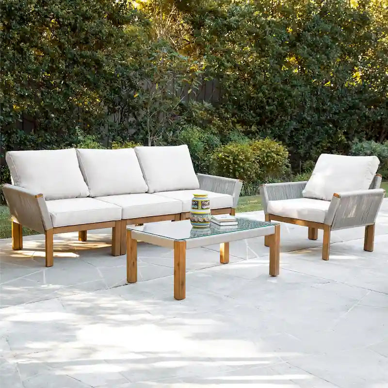 SEI Furniture Belen Table basse contemporaine en bois d'acacia naturel avec plateau en verre et détails en corde