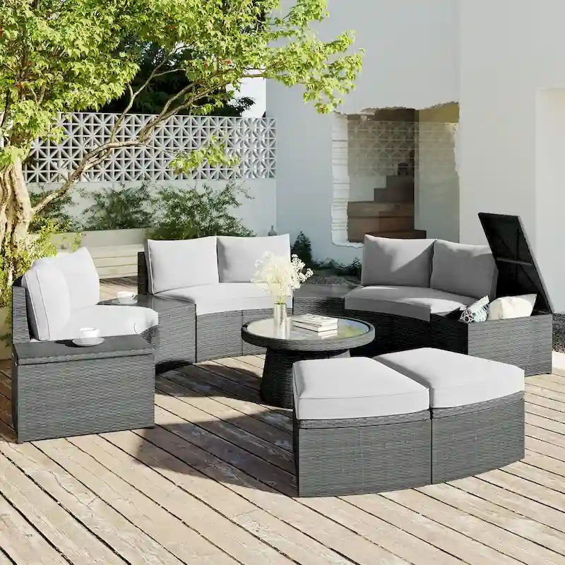 Ensemble de canapés de jardin modulables en rotin 10 pièces en demi-cercle