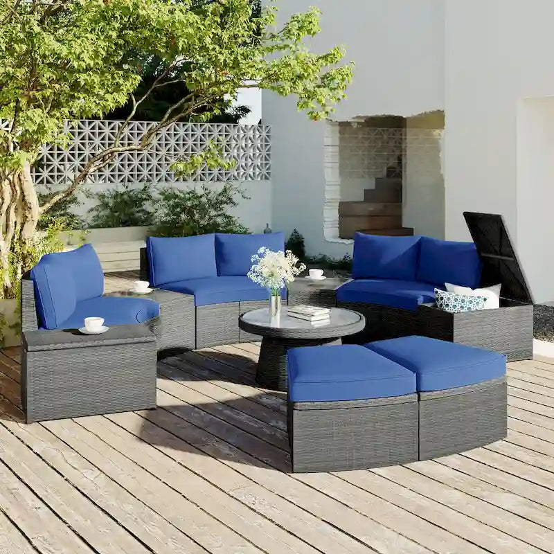 Ensemble de canapés de jardin modulables en rotin 10 pièces en demi-cercle