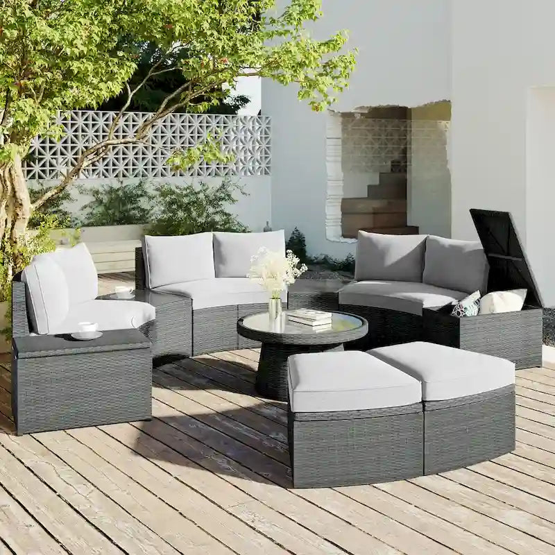 Ensemble de canapés de jardin modulables en rotin 10 pièces en demi-cercle