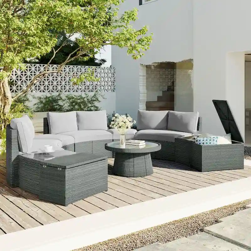 Ensemble de canapés de jardin modulables en rotin 10 pièces en demi-cercle