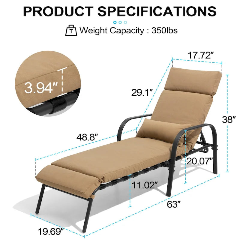 Chaise longue de patio réglable avec coussin et oreiller pour l'intérieur et l'extérieur