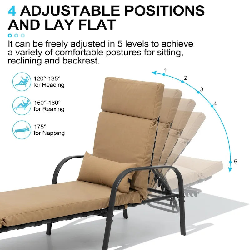 Chaise longue de patio réglable avec coussin et oreiller pour l'intérieur et l'extérieur