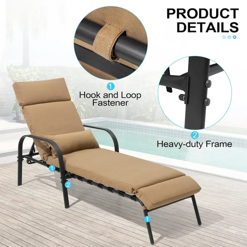 Chaise longue de patio réglable avec coussin et oreiller pour l'intérieur et l'extérieur