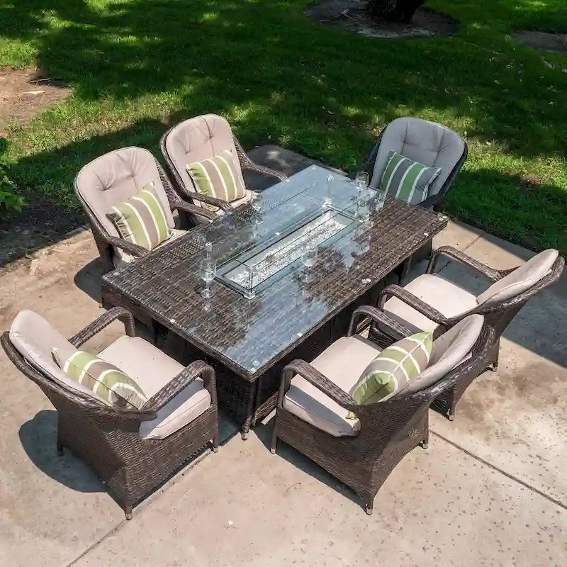 7-Pc Outdoor Wicker Rectangular Gas Fire Pit Table Set with 6 Armchairs (Including Rain Cover)