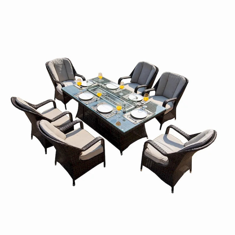 Ensemble table foyer extérieur rectangulaire en osier 7 pièces avec 6 fauteuils (housse de pluie incluse)