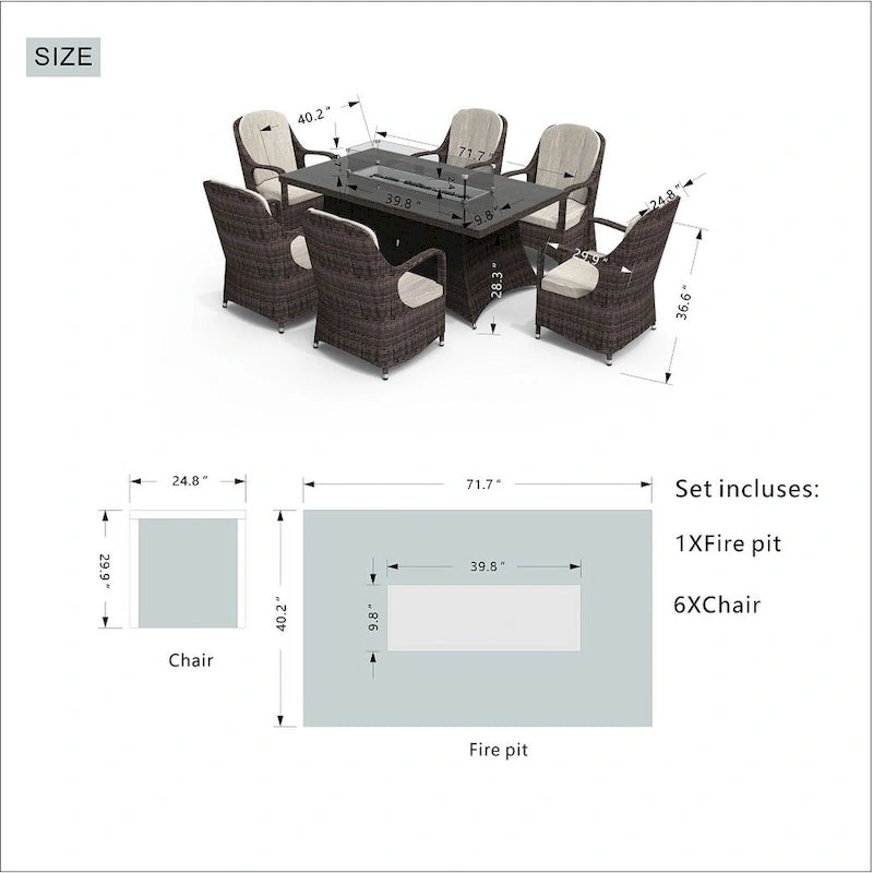 Ensemble table foyer extérieur rectangulaire en osier 7 pièces avec 6 fauteuils (housse de pluie incluse)