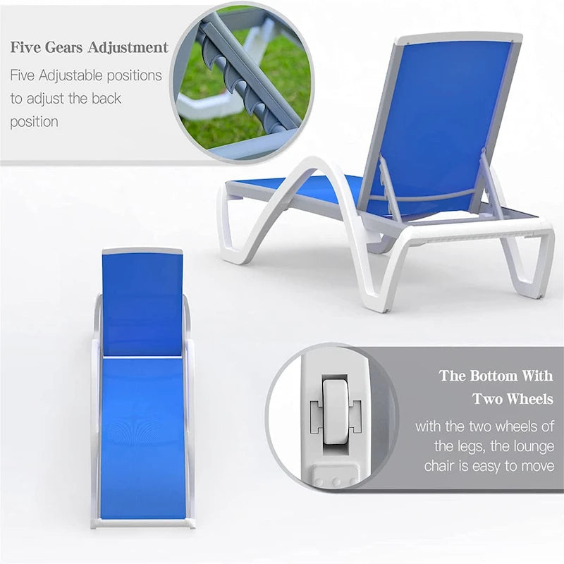 Chaises longues de piscine réglables en aluminium et table en plastique