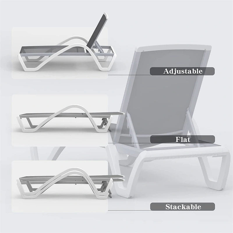 Chaises longues de piscine réglables en aluminium et table en plastique
