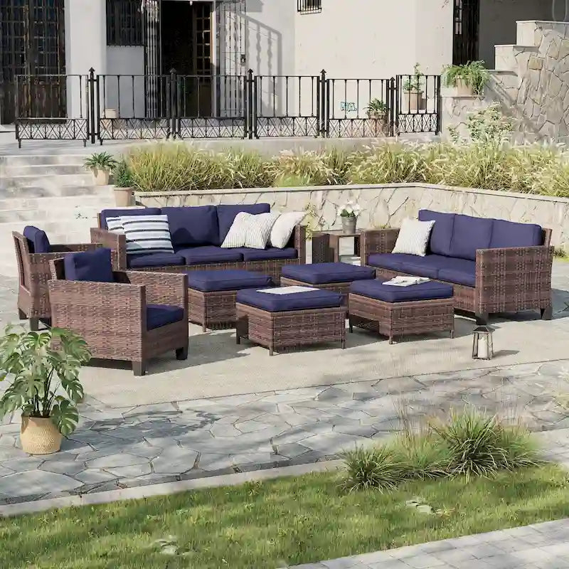 LIVOOSUN Ensemble de canapés de terrasse 9 pièces en rotin PE marron Meubles d'extérieur Ottomans avec table