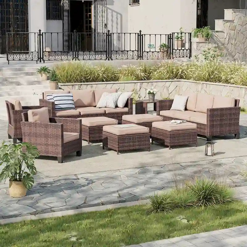 LIVOOSUN 9Pcs Patio Sofa Set Brown PE Wicker Outdoor Furniture Ottomans w/Table