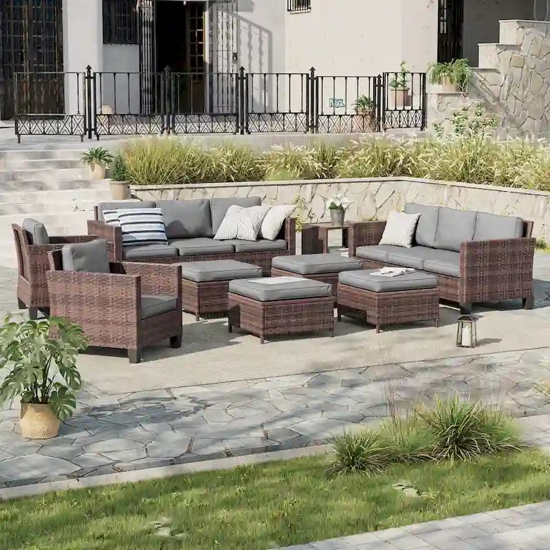 LIVOOSUN Ensemble de canapés de terrasse 9 pièces en rotin PE marron Meubles d'extérieur Ottomans avec table