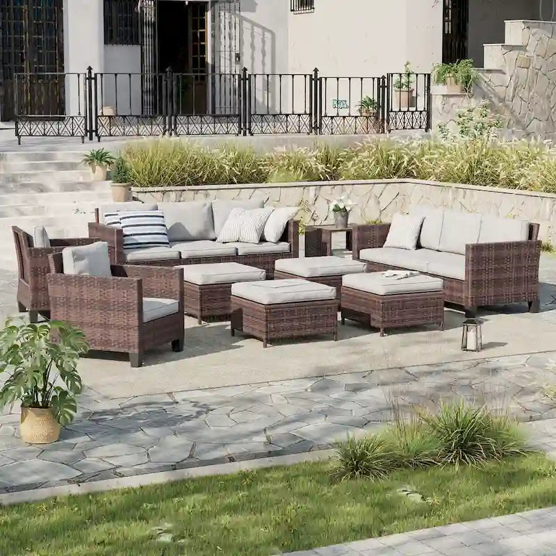 LIVOOSUN Ensemble de canapés de terrasse 9 pièces en rotin PE marron Meubles d'extérieur Ottomans avec table