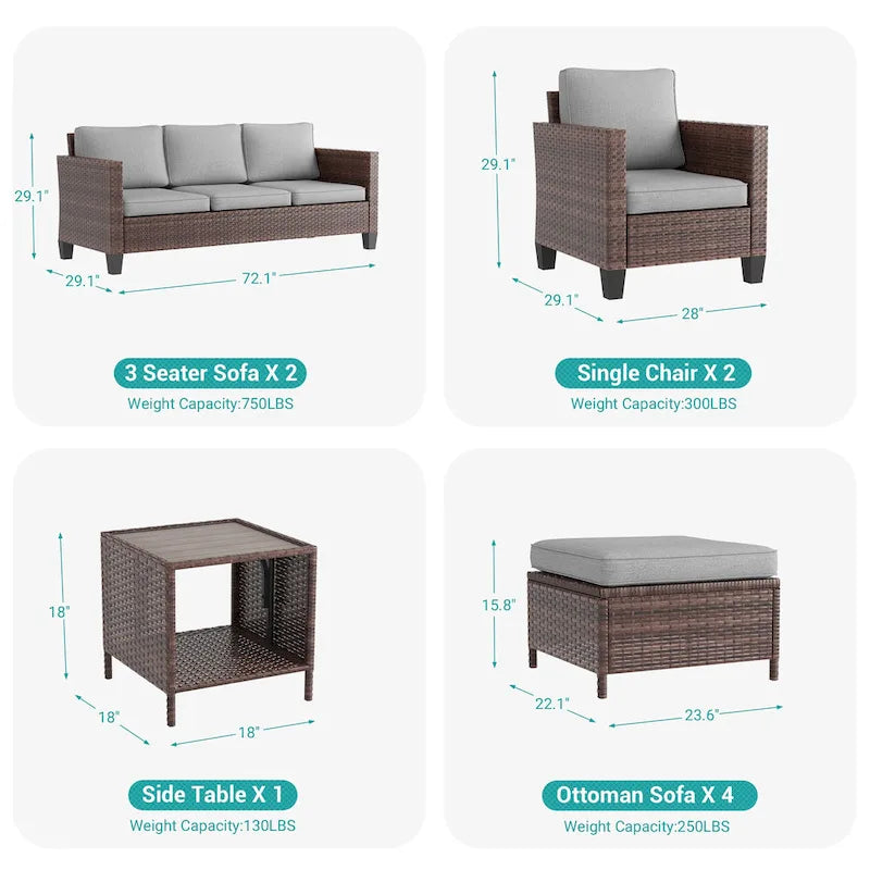 LIVOOSUN Ensemble de canapés de terrasse 9 pièces en rotin PE marron Meubles d'extérieur Ottomans avec table