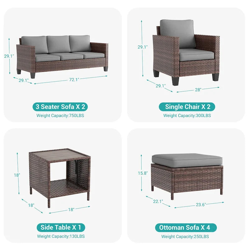 LIVOOSUN Ensemble de canapés de terrasse 9 pièces en rotin PE marron Meubles d'extérieur Ottomans avec table