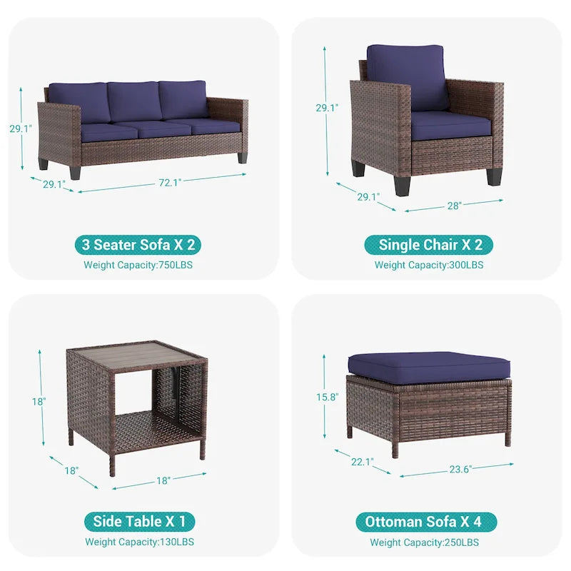 LIVOOSUN Ensemble de canapés de terrasse 9 pièces en rotin PE marron Meubles d'extérieur Ottomans avec table