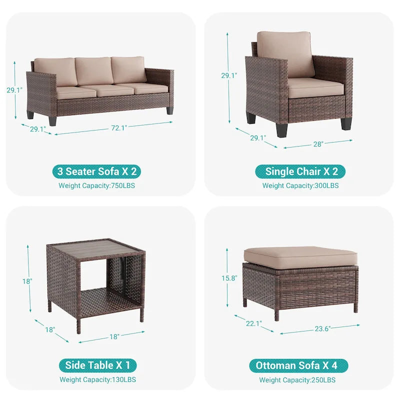 LIVOOSUN Ensemble de canapés de terrasse 9 pièces en rotin PE marron Meubles d'extérieur Ottomans avec table