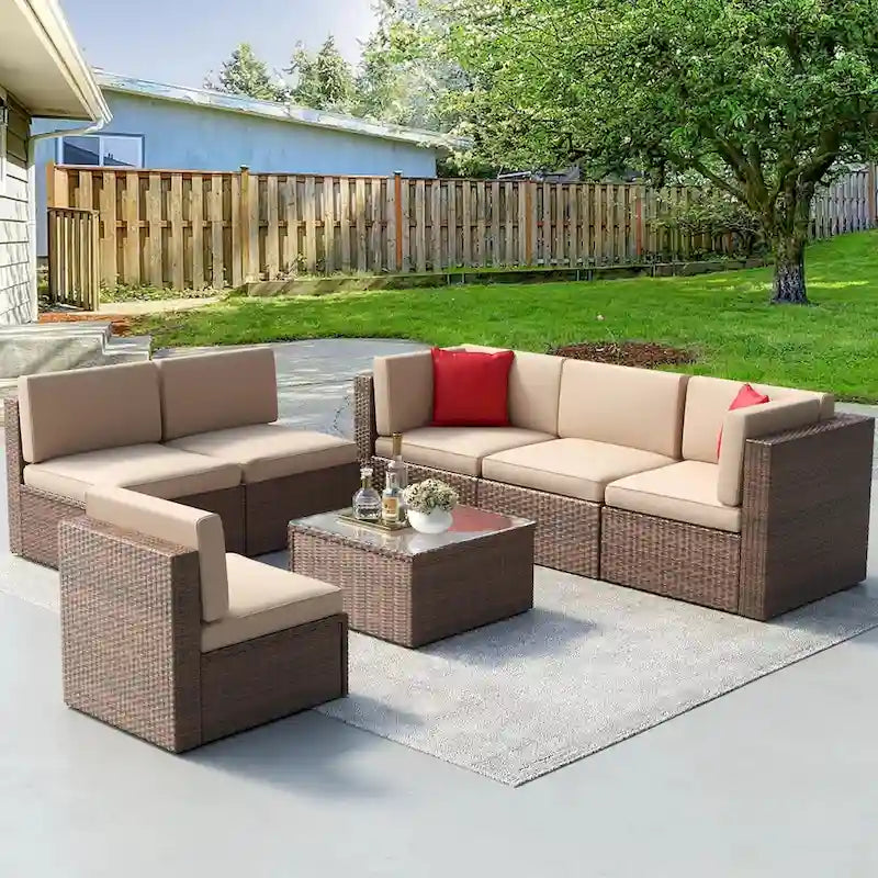 7 Pieces Outdoor Patio Furniture Sets Wicker Sectional Sofa PE Rattan Conversation Sets with Cushions