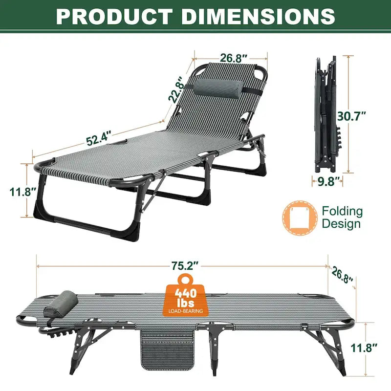 Chaise longue de camping DoCred, chaise de patio inclinable pliable et réglable - 191 x 68 x 30 cm