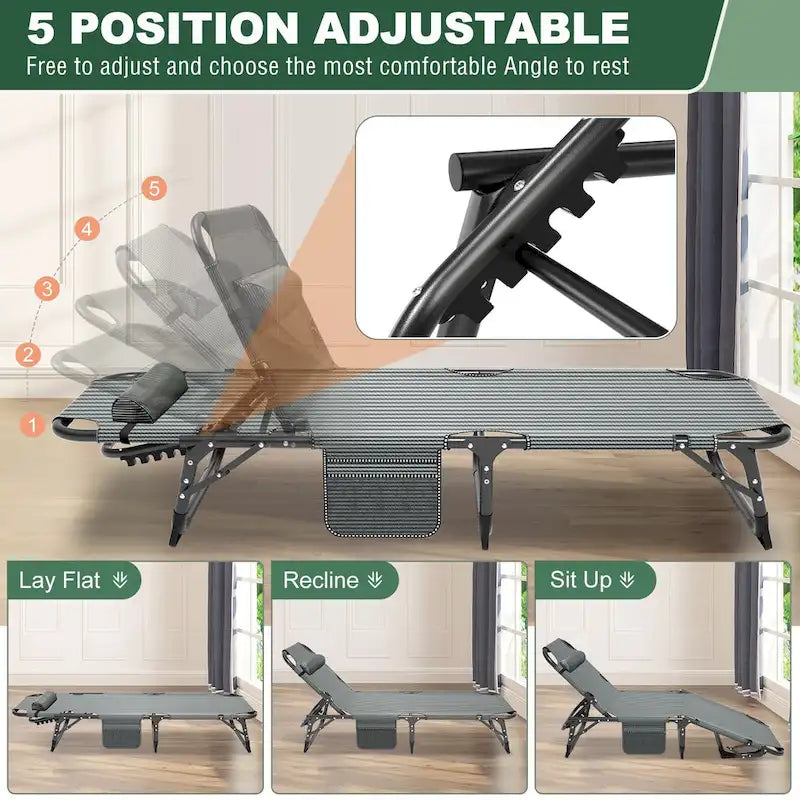 Chaise longue de camping DoCred, chaise de patio inclinable pliable et réglable - 191 x 68 x 30 cm