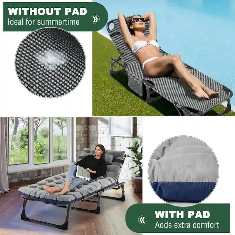 Chaise longue de camping DoCred, chaise de patio inclinable pliable et réglable - 191 x 68 x 30 cm
