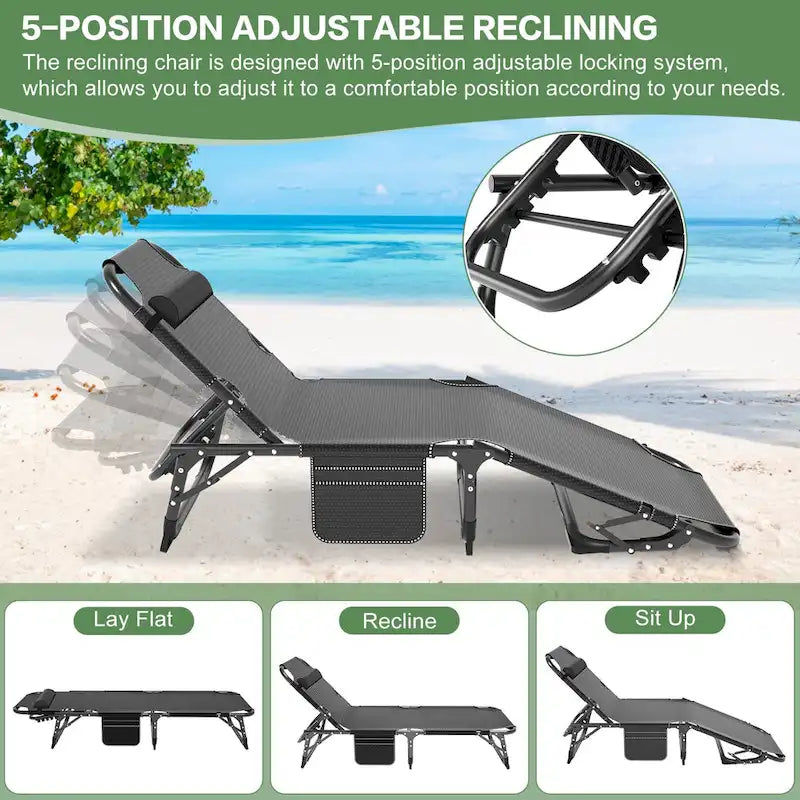 Chaise longue de camping DoCred, chaise de patio inclinable pliable et réglable - 191 x 68 x 30 cm