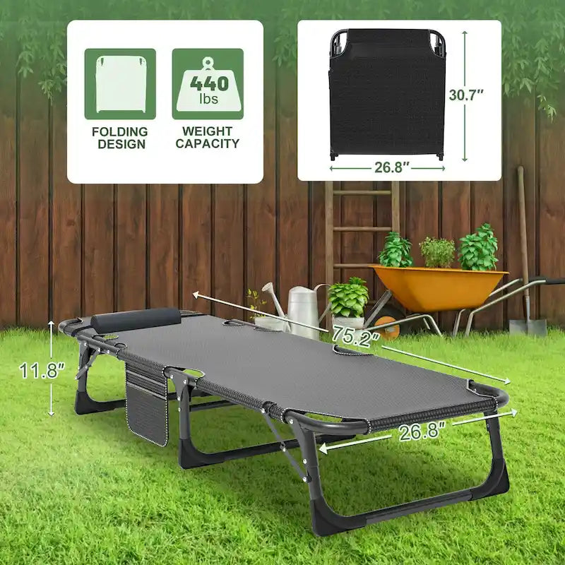 Chaise longue de camping DoCred, chaise de patio inclinable pliable et réglable - 191 x 68 x 30 cm