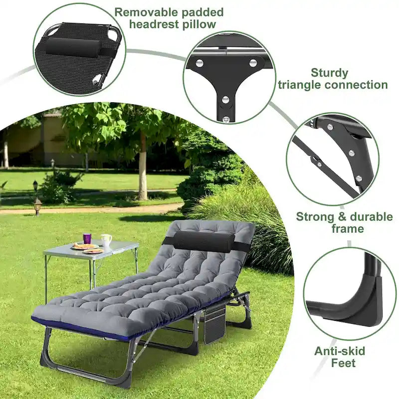 Chaise longue de camping DoCred, chaise de patio inclinable pliable et réglable - 191 x 68 x 30 cm