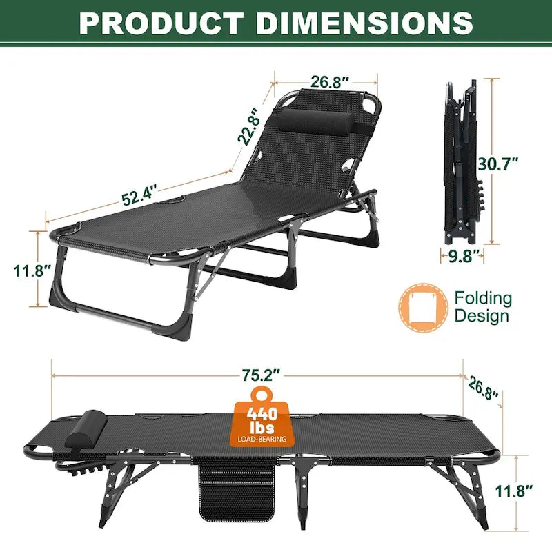 Chaise longue de camping DoCred, chaise de patio inclinable pliable et réglable - 191 x 68 x 30 cm
