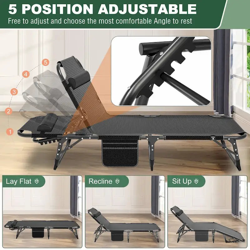 Chaise longue de camping DoCred, chaise de patio inclinable pliable et réglable - 191 x 68 x 30 cm