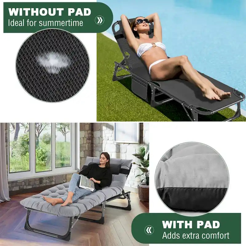 Chaise longue de camping DoCred, chaise de patio inclinable pliable et réglable - 191 x 68 x 30 cm