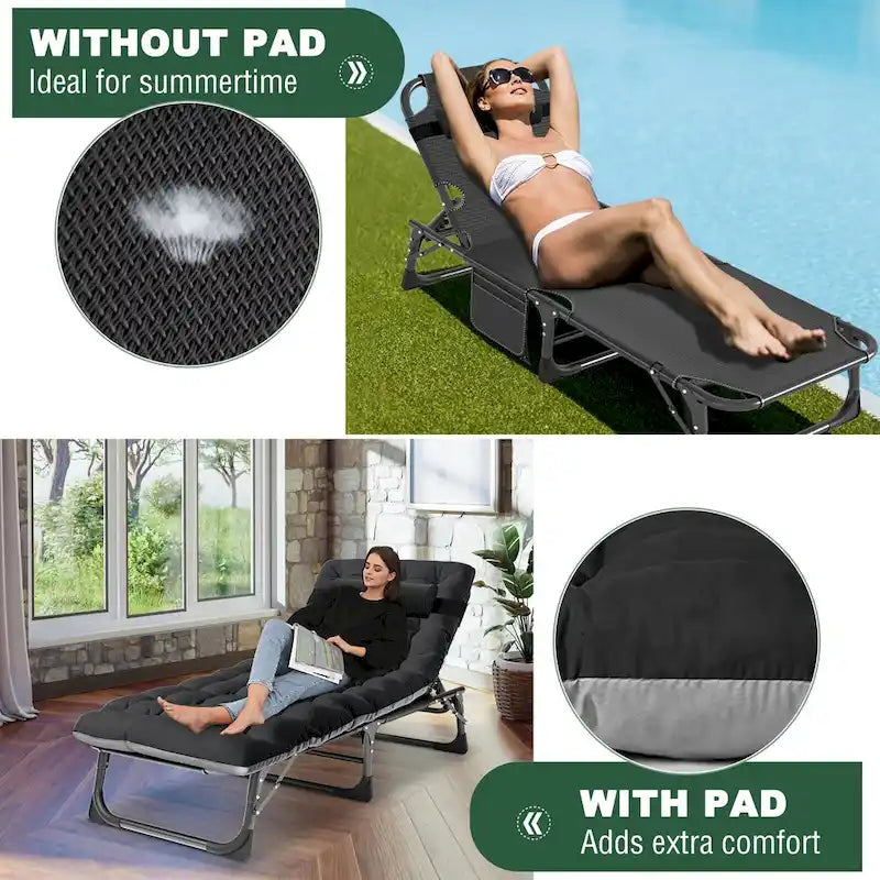 Chaise longue de camping DoCred, chaise de patio inclinable pliable et réglable - 191 x 68 x 30 cm