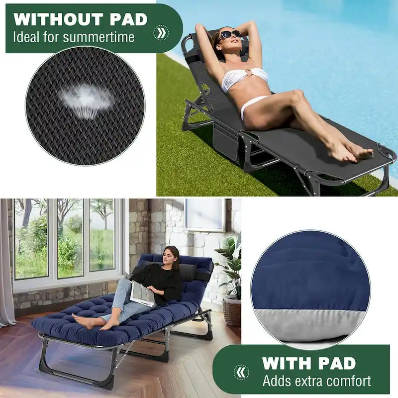 Chaise longue de camping DoCred, chaise de patio inclinable pliable et réglable - 191 x 68 x 30 cm