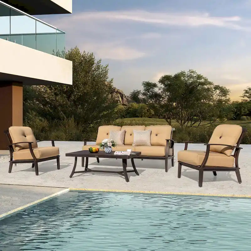 4-Piece Patio Conversation Set with Cushions, Aluminum Frame, Beige