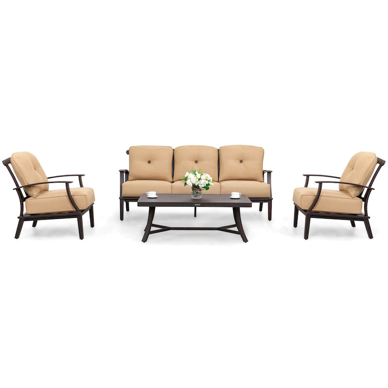 Ensemble de conversation d'extérieur 4 pièces avec coussins, structure en aluminium, beige