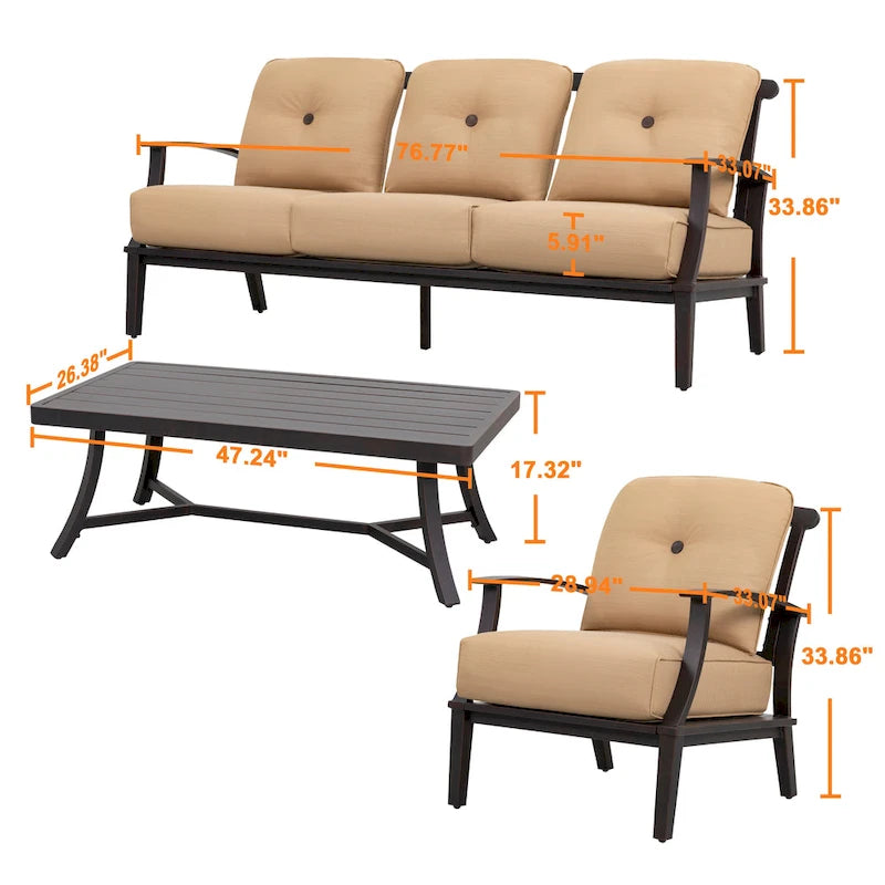 Ensemble de conversation d'extérieur 4 pièces avec coussins, structure en aluminium, beige