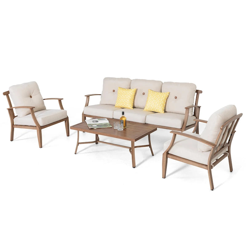 Ensemble de conversation d'extérieur 4 pièces avec coussins, structure en aluminium, beige