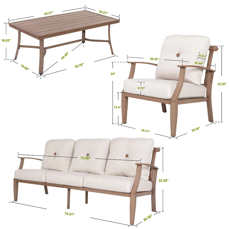 Ensemble de conversation d'extérieur 4 pièces avec coussins, structure en aluminium, beige