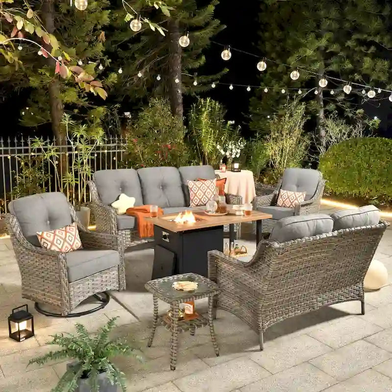 HOOOWOOO Ensemble de conversation extérieur en osier 6 pièces Chaises pivotantes avec foyer