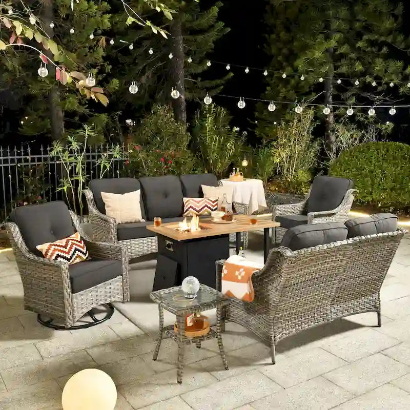 HOOOWOOO Ensemble de conversation extérieur en osier 6 pièces Chaises pivotantes avec foyer