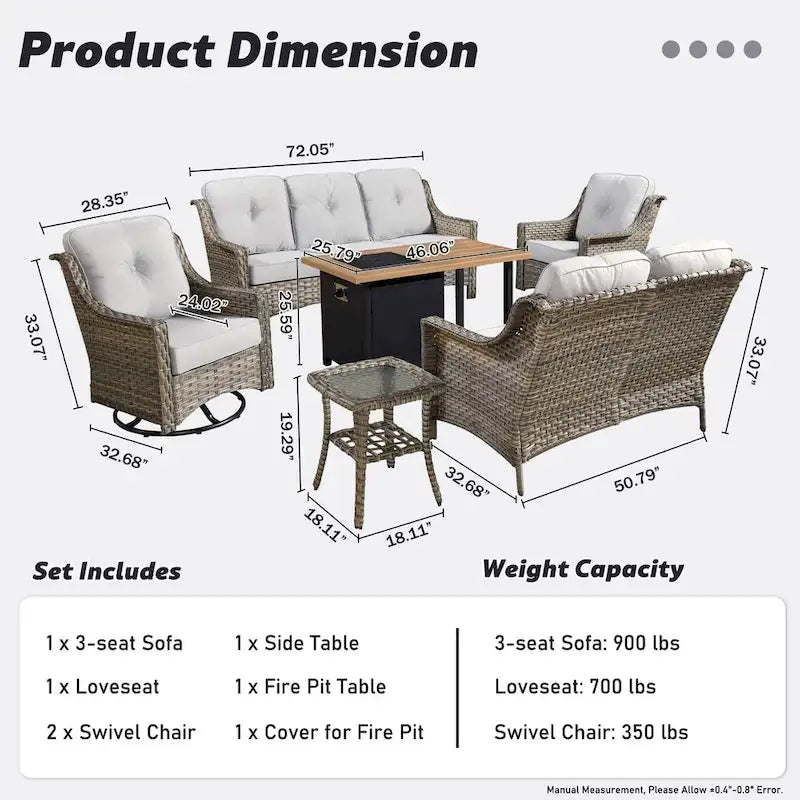 HOOOWOOO Ensemble de conversation extérieur en osier 6 pièces Chaises pivotantes avec foyer