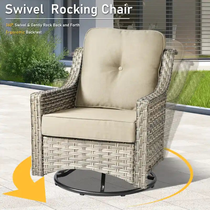 HOOOWOOO Ensemble de conversation extérieur en osier 6 pièces Chaises pivotantes avec foyer