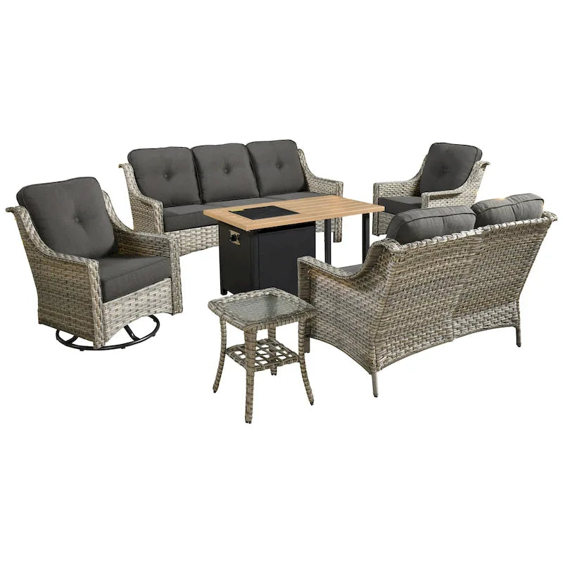 HOOOWOOO Ensemble de conversation extérieur en osier 6 pièces Chaises pivotantes avec foyer