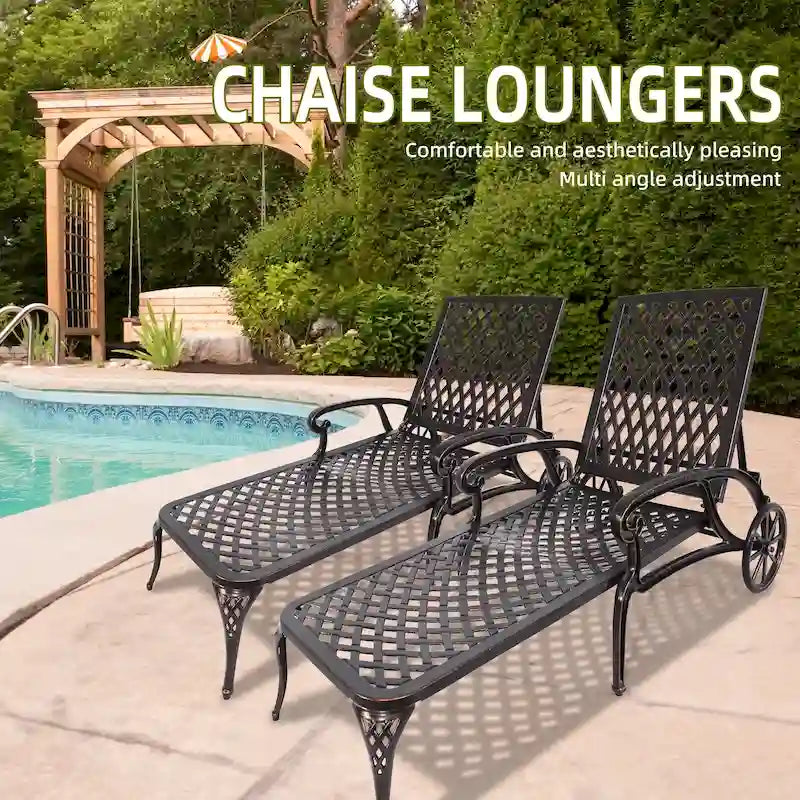 Chaise longue de piscine, chaise longue en fonte d'aluminium avec roues, lot de 2