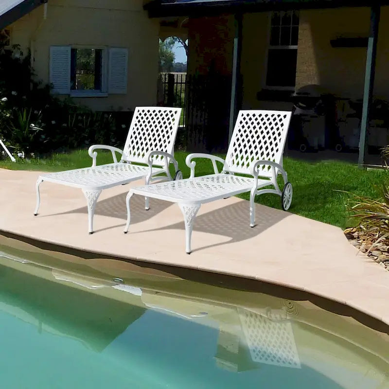 Swimming pool recliner, cast aluminum recliner with wheels set of 2